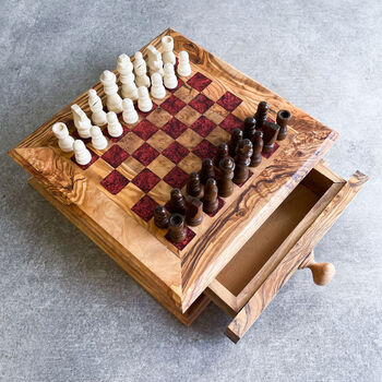 Personalised Handmade Olive Wood Full Chess Board Set, 8 of 12