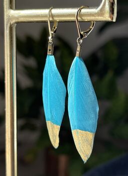 Gold Plate Dipped Blue Feather Earrings, 3 of 3