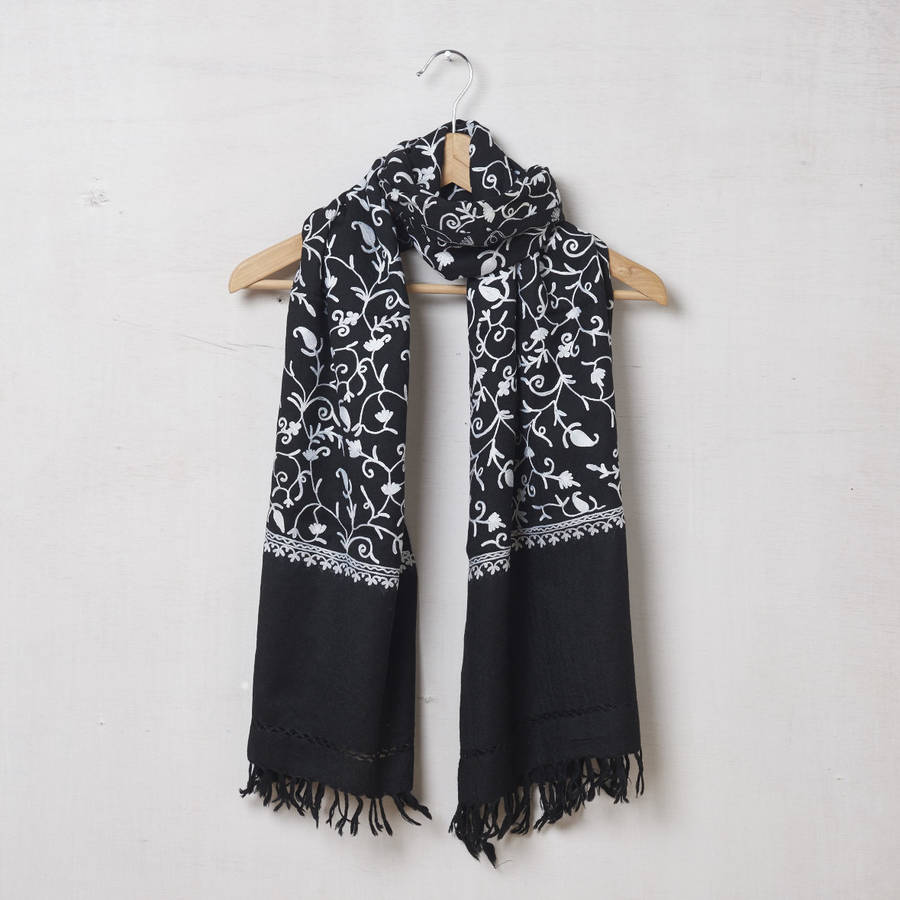 Pure Pashmina Wool Scarf Embroidered White On Black By Vida Vida