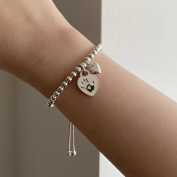 Sterling Silver Ball Slider Bracelet With Engraved Print Heart Charm, 5 of 11