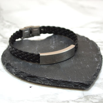 Personalised Mens Bracelet With Leather Woven Strap, 2 of 3