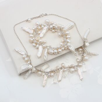 Unusual Pearl Necklace And Bracelet Set On Sterling Silver, 9 of 12