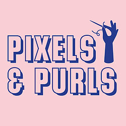 Blue text reads "Pixels & Purls' upon a pink background. A matching blue hand holds a needle.