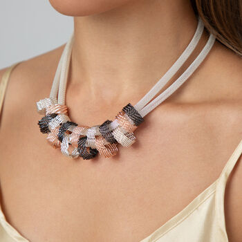 Double Row Mesh Chain Necklace With Three Tone Rings, 2 of 3