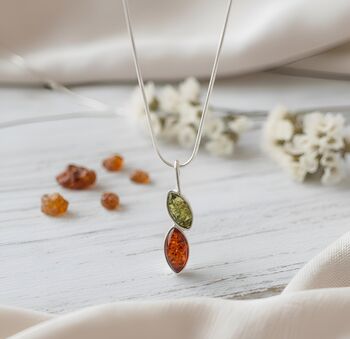 Marquise Amber And Silver Leaf Pendant Cognac And Green, 2 of 3