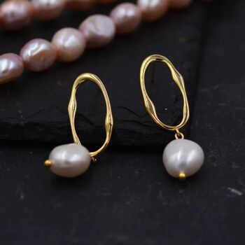 Baroque Pearl Irregular Hoop Drop Stud Earrings, 2 of 11