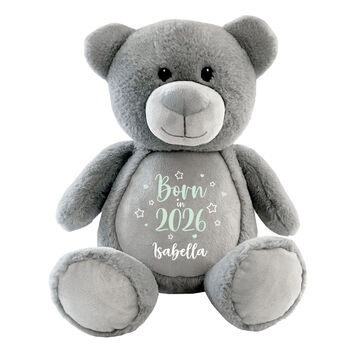 Personalised Born In 2026 Grey Plush Teddy Bear, 11 of 11