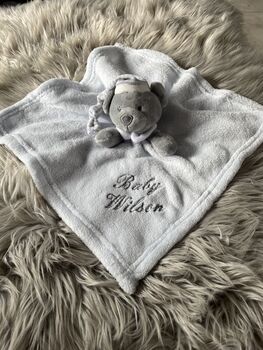 Embroidered Blue And Grey Baby Bear Comforter, 6 of 6