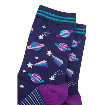 Outer Space Shooting Stars Planets Bamboo Ankle Socks Women's Navy Purple, 3 of 4