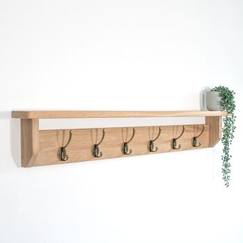 Solid Oak Coat Rack With Hooks, 10cm Deep, Oak Shelf With Hook, Chrome Hook, Silver Hook, Black Hook, Bronze, Brass Hooks, Copper, Oak Shelf, 5 of 11