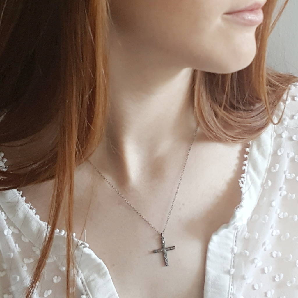 silver pave diamond cross necklace by under the rose