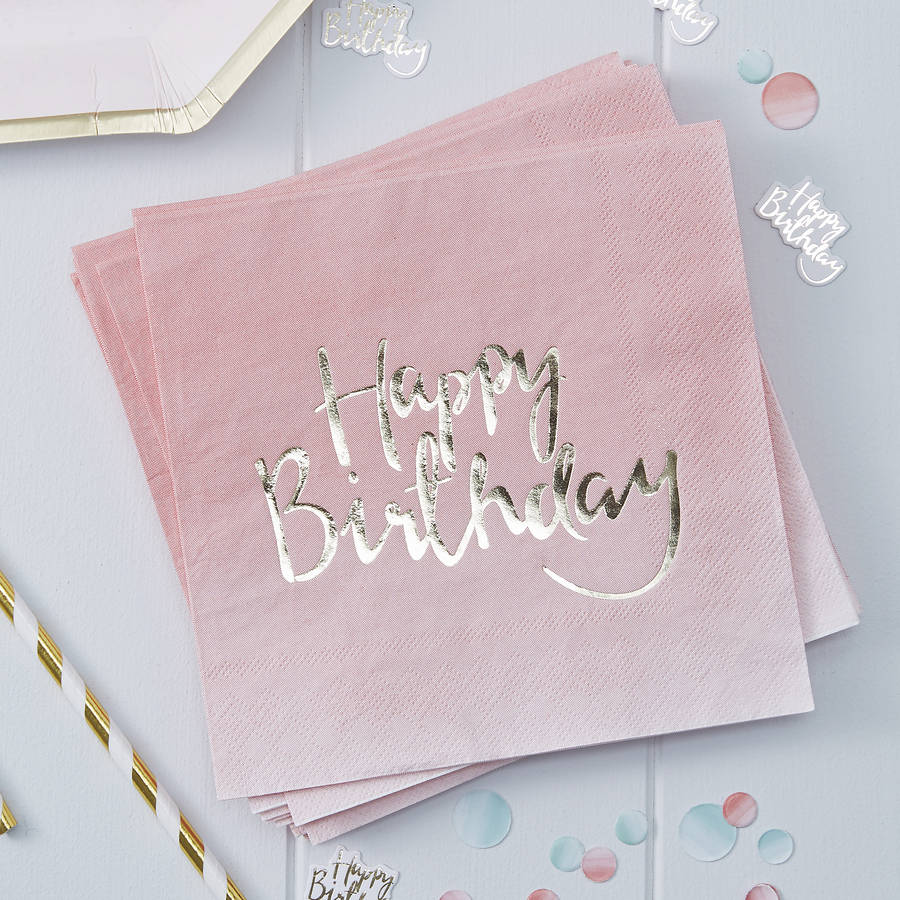 Pink Ombre And Gold Foiled Happy Birthday Paper Napkins, 1 of 2