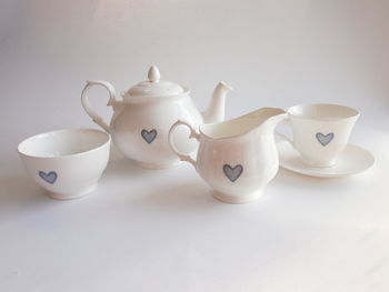 Teapot, Sugar And Cream Jug, Blue Or Red Heart Design, 2 of 6