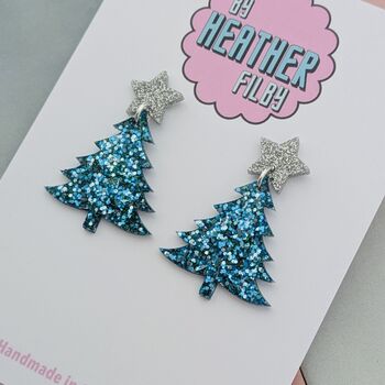 Blue And Silver Glitter Christmas Tree Earrings / Festive Holiday Jewellery / Christmas Gift / Secret Santa Gift, 2 of 4