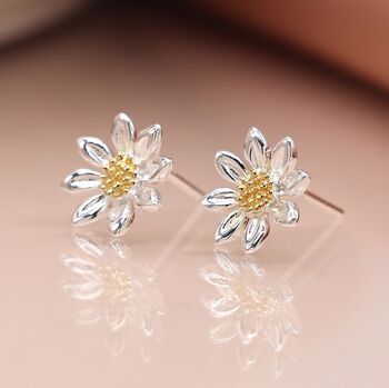 Large Sterling Silver And Yellow Gold Daisy Flower Stud Earrings, 3 of 10