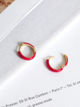 18 K Gold Plated Red Enamel Huggie Hoop Earrings, 4 of 8