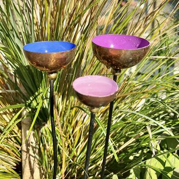 Set Of Three Colour Coated Copper Cup Rain Catchers – Pink, Blue, Lilac, 2 of 5