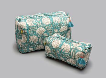 Majha Floral Pattern Quilted Cotton Washbag In Aqua, 3 of 5