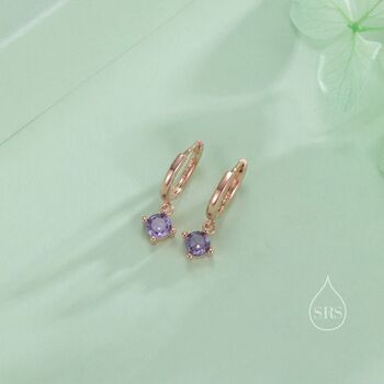 Tiny Purple Cz Dangle Huggie Hoop Earrings, 8 of 12