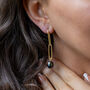 Yellow Gold Plated Black Pearl Long Drop Earrings, thumbnail 1 of 6