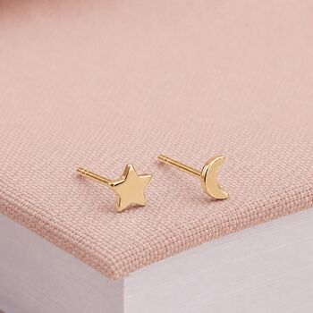 5mm Gold Plated Sterling Silver Mismatched Moon And Star Stud Earrings, 3 of 5