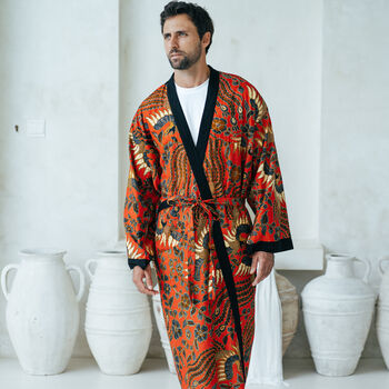 Red Men's Full Length Batik Kimono Robe, 2 of 6