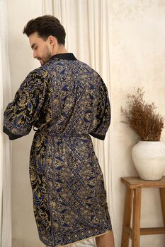 Men's Navy And Gold Batik Kimono Robe, 4 of 8