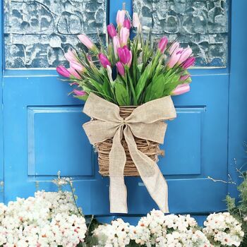 Tulip And Grapevine Basket Door Spring Wreath, 9 of 11