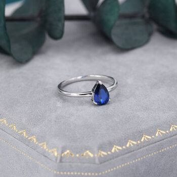 Created Blue Sapphire Droplet Ring In Sterling Silver, 7 of 8