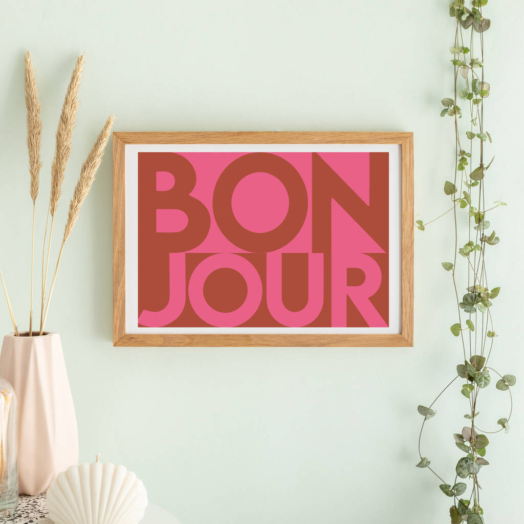 Bonjour Pink And Red Typography Print, 1 of 3