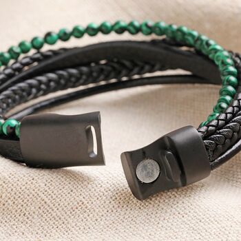 Personalised Malachite Bead Leather Layered Bracelet, 4 of 5