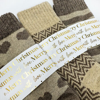 Christmas Cosy Socks In Neutral Coffee Cream Colour With Gold Foiled Personalised Label ,Warm Socks, 2 of 3