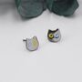 Black Odd Eyed Cat Stud Earrings In Sterling Silver, thumbnail 2 of 12