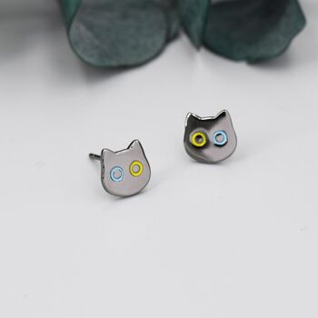 Black Odd Eyed Cat Stud Earrings In Sterling Silver, 2 of 12
