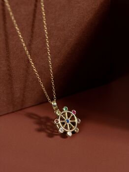 Spinning Nine Gemstones Dharma Wheel Necklace, 5 of 12