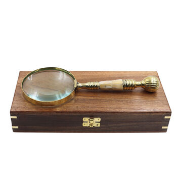 Mother Of Pearl Brass Magnifying Glass With Wooden Box, 8 of 10