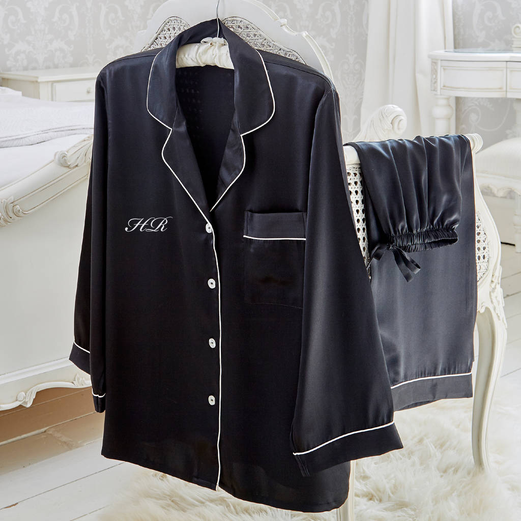 Black Satin Pyjama Set With Embroidered Initials, 1 of 10