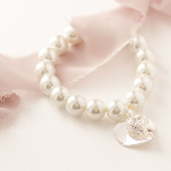 Statement Sterling Silver Two Heart Faux Pearl Bracelet Valentines Day Gift, 2 of 12