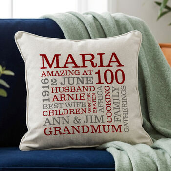 Personalised 100th Birthday Word Art Cushion, 2 of 8