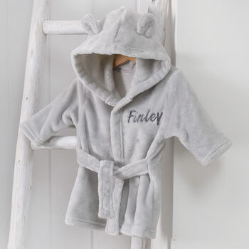 Personalised Grey Baby Dressing Gown With Ears On Hood, 2 of 6