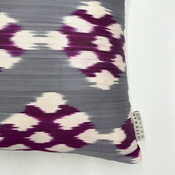 Square Ikat Silk Cushion Grey And Purple Weave, 3 of 7