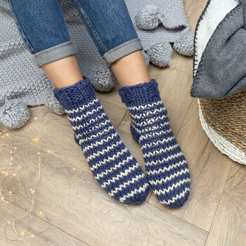 Hand Knitted Blue Stripe Wool Sofa Socks, 2 of 2