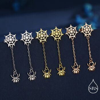 Sterling Silver Dangling Spider And Spider Web Stud Earrings, 4 of 12