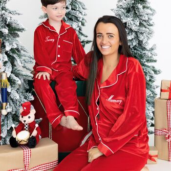 Personalised Mum And Child Christmas Velvet Pyjamas, 4 of 11