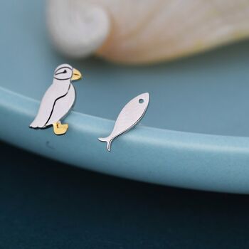 Mismatched Puffin Bird And Fish Stud Earrings, 2 of 9