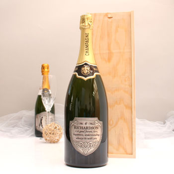 Personalised 'Mr And Mrs' Magnum Champagne Pewter Label, 2 of 6