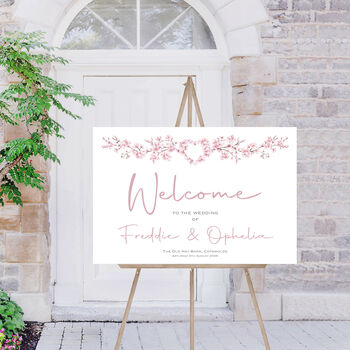 Wedding Welcome Sign Pink Heart Cherry Blossom, 4 of 7