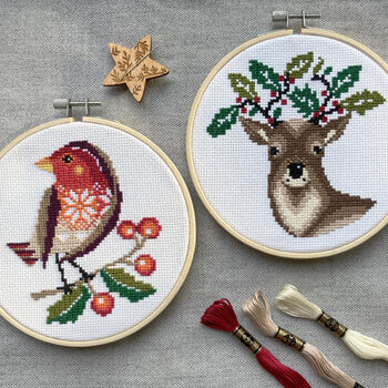 Holly Deer Cross Stitch Embroidery Kit, 3 of 3