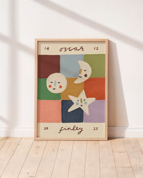 Personalised Illustrated Name Print With Moons And Stars And Patchwork, 3 of 11