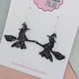 Black Glitter Witch On A Broom Halloween Resin Earrings, thumbnail 3 of 4